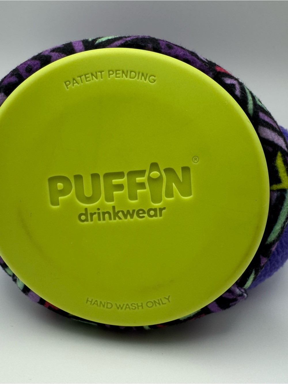 Puffin Drinkwear “The Fleece” Purple Jacket-Style Koozie with Geometric Trim - Picture 3 of 3